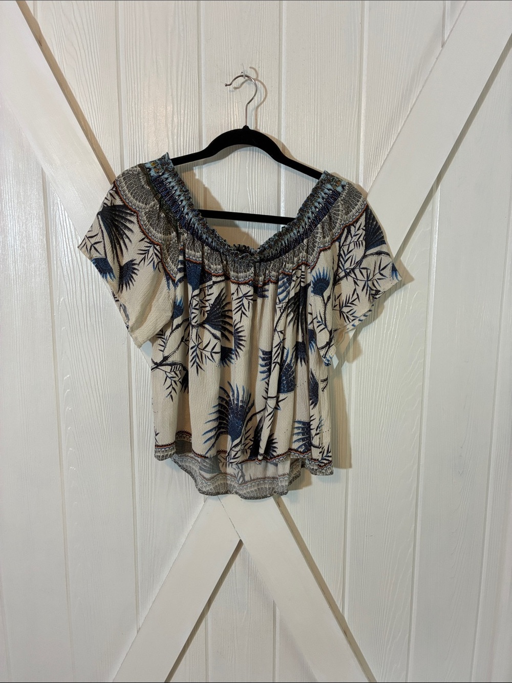 Farm Rio: Smocked Off-Shoulder Floral Peasant Top - Cream & Navy